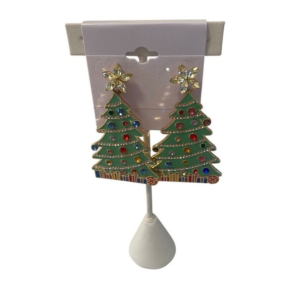 Festive Jeweled Christmas Tree Earrings - Picture 1 of 6